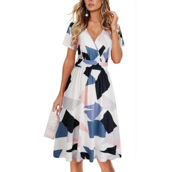 Womens Abstract Print V-Neck Short Sleeve Wrap Midi Dress Size M Casual Everyday - Picture 1 of 15